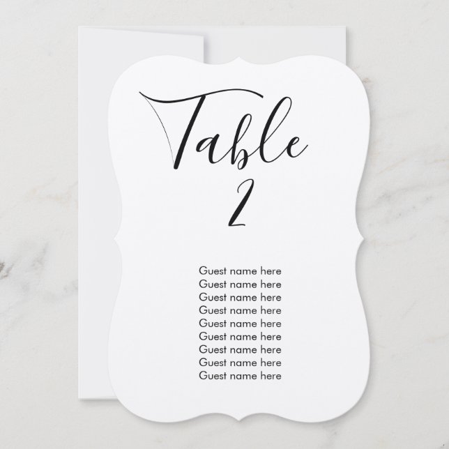 Simple wedding table number + guest names card (Front)