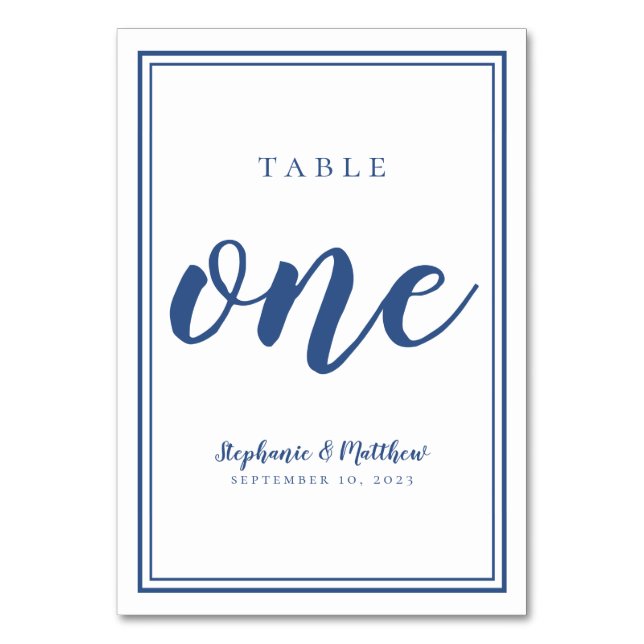 Simple Wedding Table Number One Blue & White (Front)