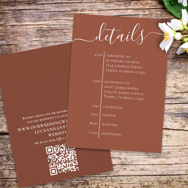 Simple Wedding Timeline Terracotta QR Code Detail Enclosure Card (Creator Uploaded)