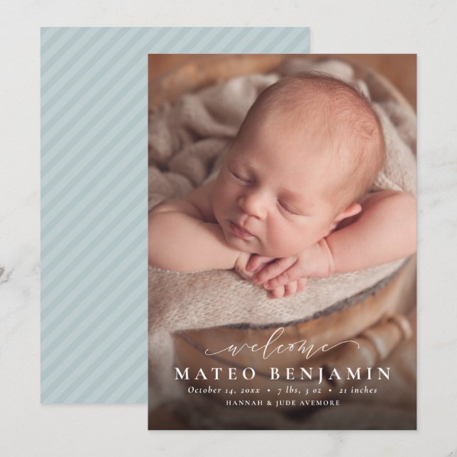 Simple welcome script blue photo birth announcement (Front/Back)