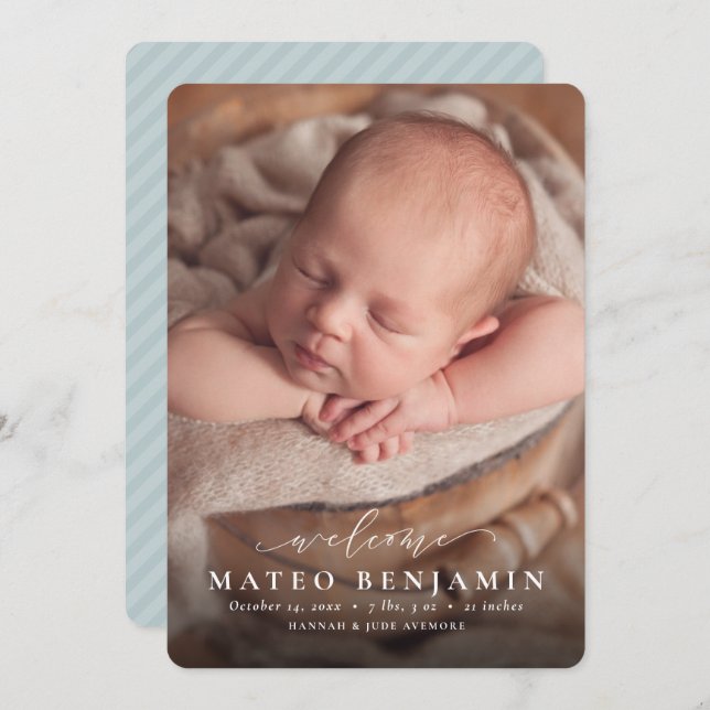 Simple welcome script blue photo birth announcement (Front/Back)