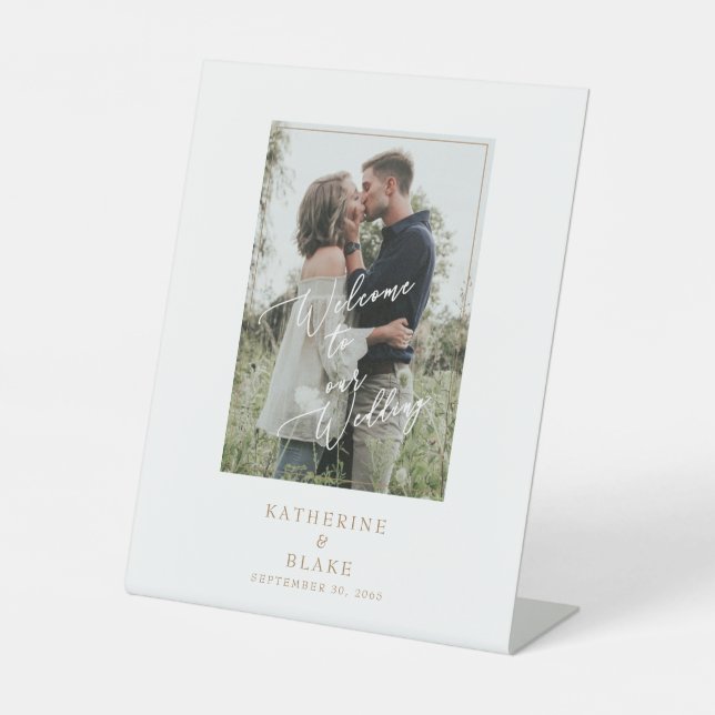 Simple Welcome to our Wedding Photo Names Date Ped Pedestal Sign (Front)