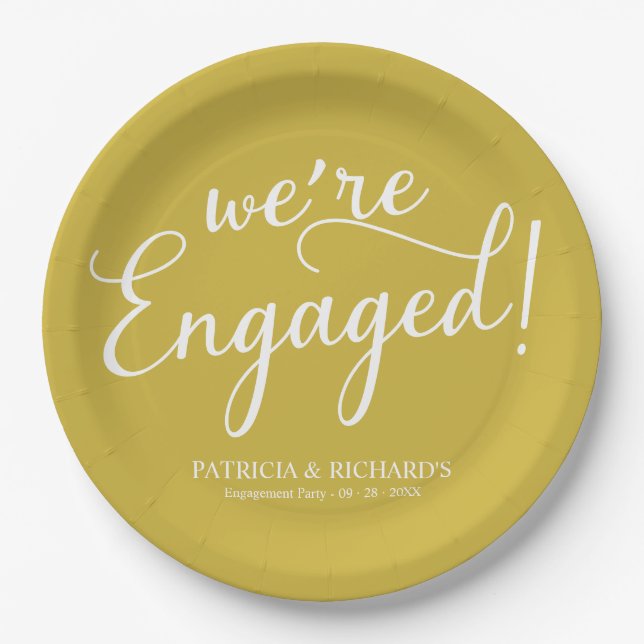 Simple We're Engaged Engagement Party Gold Paper Paper Plate (Front)