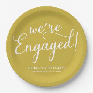 Simple We're Engaged Engagement Party Gold Paper Plate