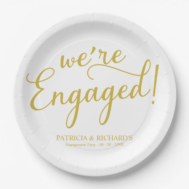 Simple We're Engaged Engagement Party Gold Paper Plate (Front)