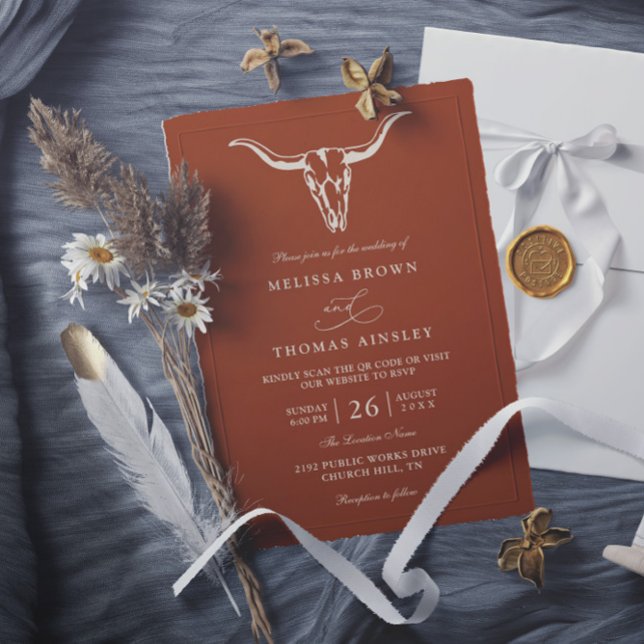 Simple Western Bohemian Cow Skull QR Code Wedding  Invitation (Creator Uploaded)