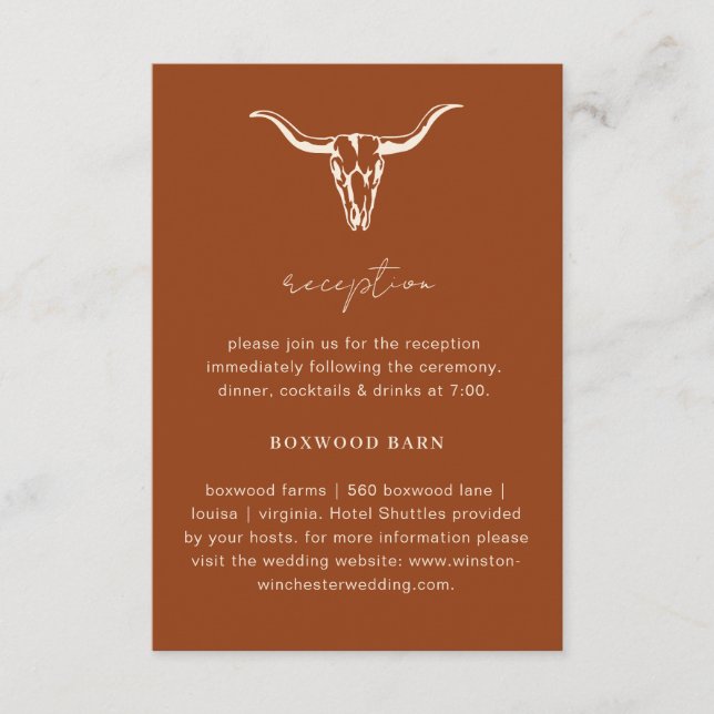 Simple Western Bohemian Cow Skull Reception Enclosure Card (Front)