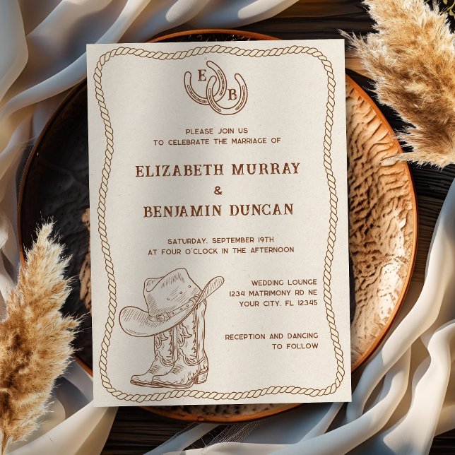 Simple Western Horseshoe Monogram Barn Wedding Invitation (Creator Uploaded)