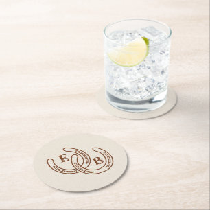 Simple Western Horseshoe Monogram Initials Wedding Round Paper Coaster