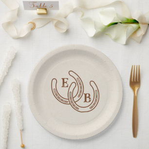 Simple Western Horseshoe Wedding Monogram Paper Plate