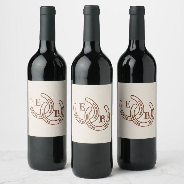 Simple Western Horseshoe Wedding Monogram Wine Label (Bottles)