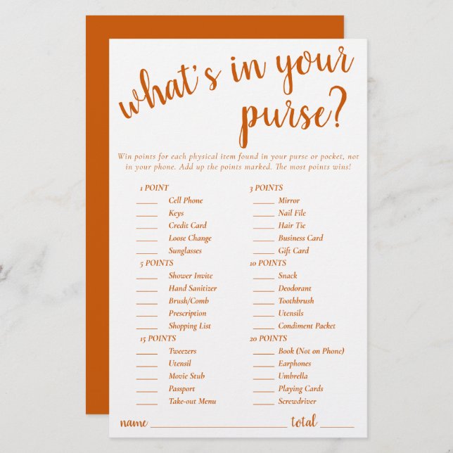 Simple Whats In Your Purse | Fall Orange Game Card (Front/Back)