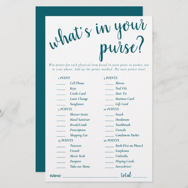 Simple Whats In Your Purse | Teal Aqua Game Card (Front/Back)