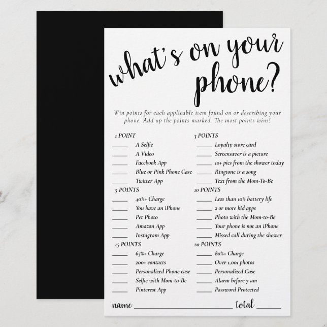 Simple Whats on Your Phone | Black White Game Card (Front/Back)