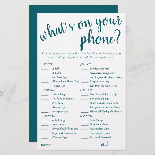 Simple Whats on Your Phone | Teal Aqua Game Card (Front/Back)
