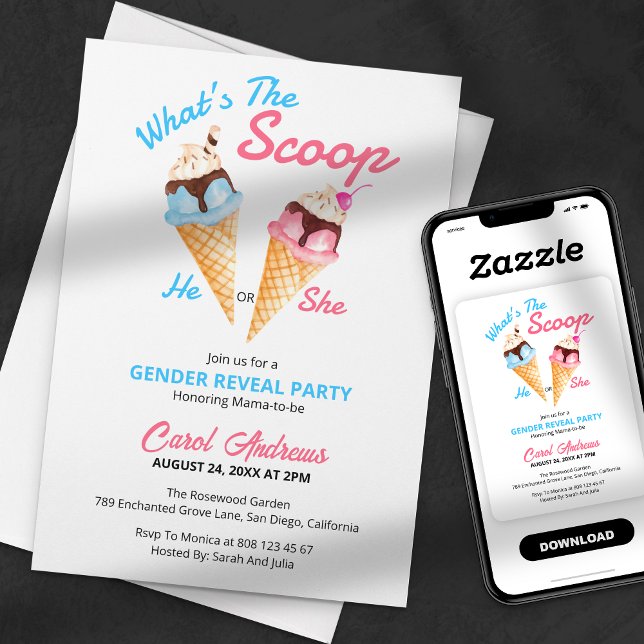 Simple What's The Scoop Gender Reveal Party Invitation (Creator Uploaded)