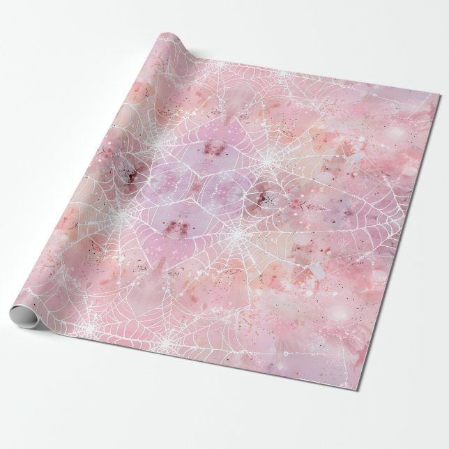 Simple Whimsical Cute Pink Spiderwebs  Wrapping Paper (Unrolled)