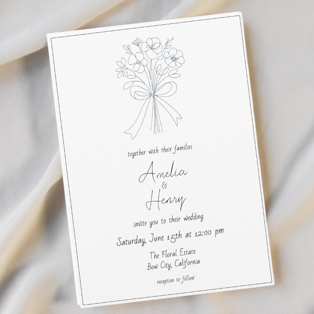 Simple Whimsical Flower and Bow Sketch Wedding Invitation (Creator Uploaded)