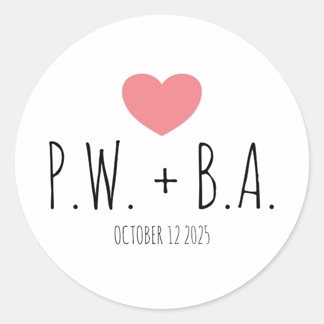 Simple Whimsical Monogrammed Heart Wedding Classic Round Sticker (Front)