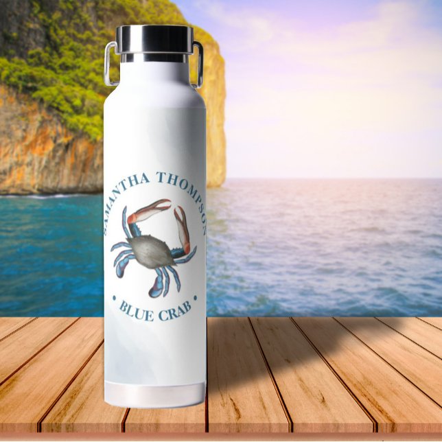 Simple Whimsical Nautical Ocean Blue Crab  Water Bottle (Creator Uploaded)