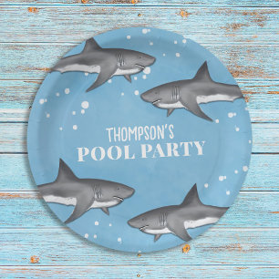 Simple Whimsical Pool Party Sharks Blue Ocean Paper Plate