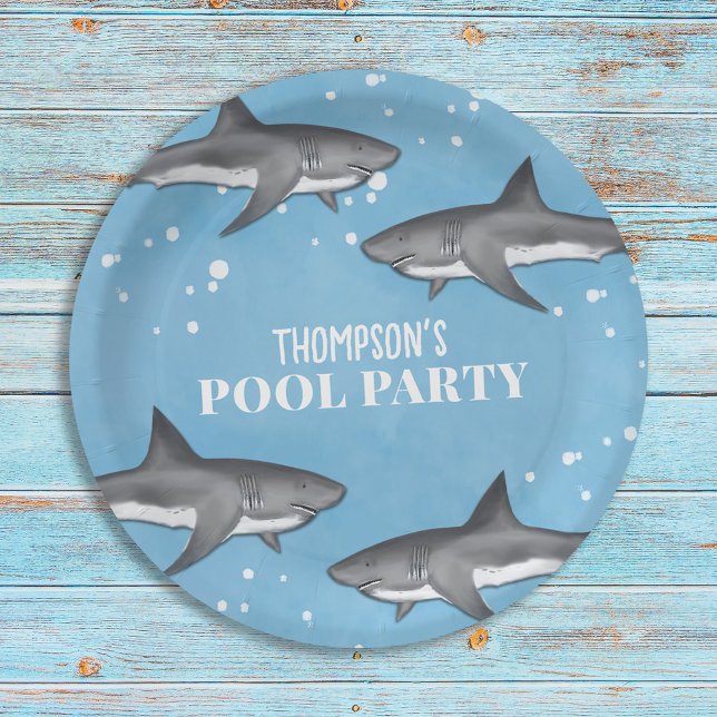 Simple Whimsical Pool Party Sharks Blue Ocean Paper Plate (Creator Uploaded)