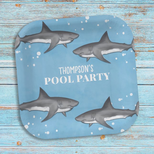 Simple Whimsical Pool Party Sharks Blue Ocean Paper Plate (Creator Uploaded)