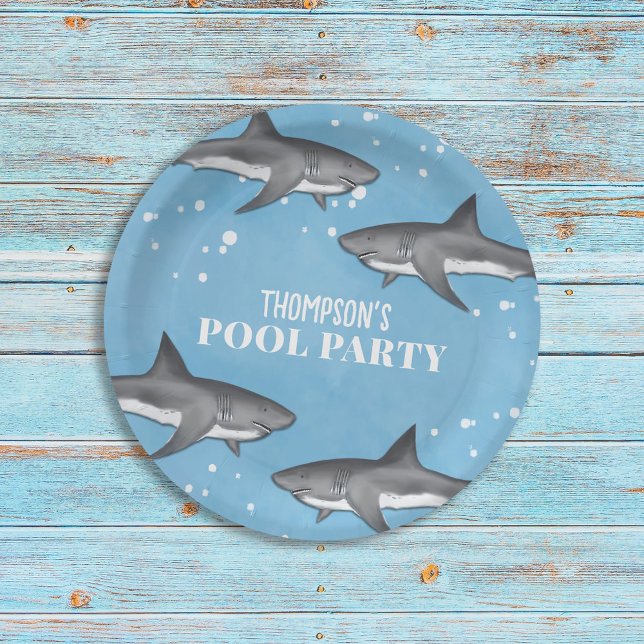 Simple Whimsical Pool Party Sharks Blue Ocean  Paper Plate (Creator Uploaded)