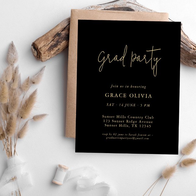 Simple Whimsy Script Black and Gold Graduation Invitation (Creator Uploaded)