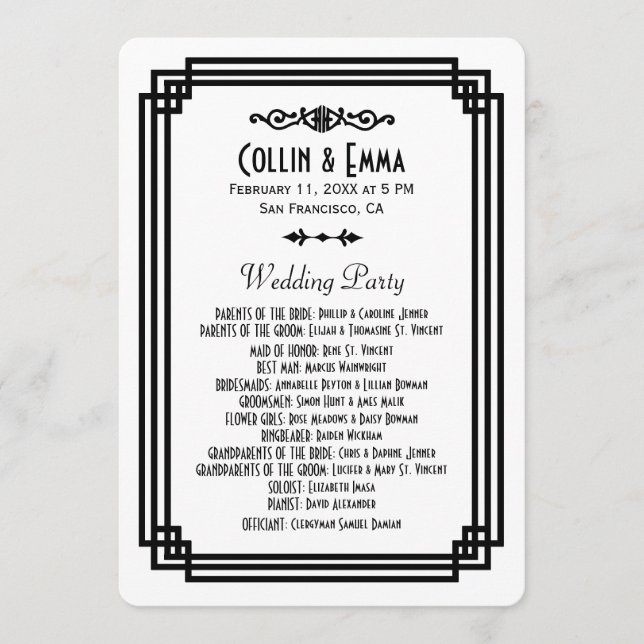 Simple White and Black Art Deco Wedding Programs (Front)