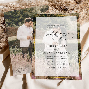 Simple White and Black Gold Border Photo Wedding Invitation