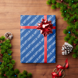 Simple White and Blue Happy Hanukkah Script Wrapping Paper