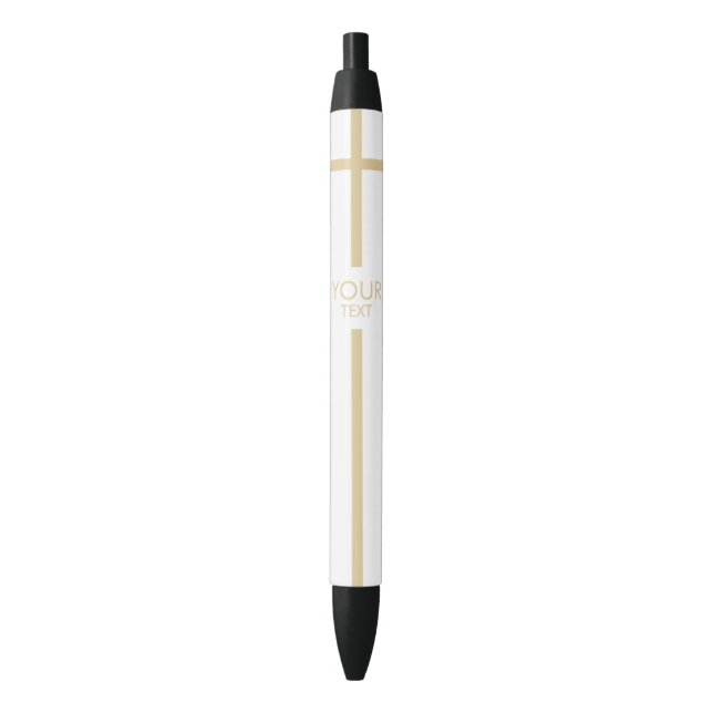 Simple White and Gold Cross with Your Text Black Ink Pen (Front Vertical)