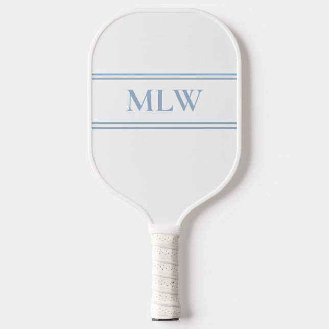 Simple White and Light Blue Monogrammed  Pickleball Paddle (Front)