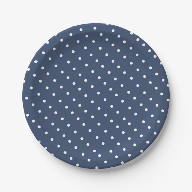 Simple White and Navy Blue Polka Dot Pattern Paper Plate (Front)