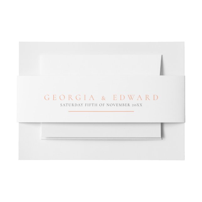 Simple white and peach orange text wedding invitation belly band (Front Example)