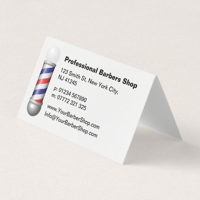 Simple White Barbers Pole Barbershop Business Card (Front)