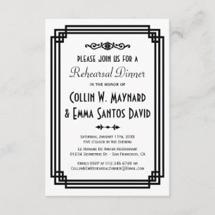 Simple White & Black Art Deco Rehearsal Dinner Invitation