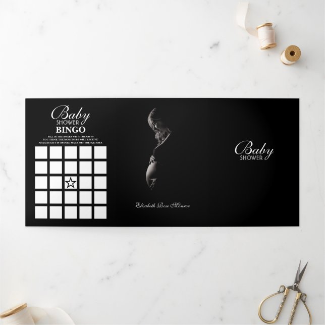 Simple White & Black Baby Shower Suite Tri-Fold Invitation (Outside)