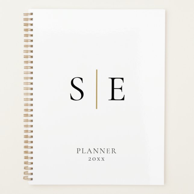 Simple White Black Gold Monogram 2023 Planner (Front)
