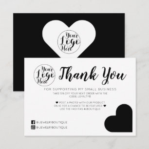Simple White Black Heart Logo Customer Thank You Card