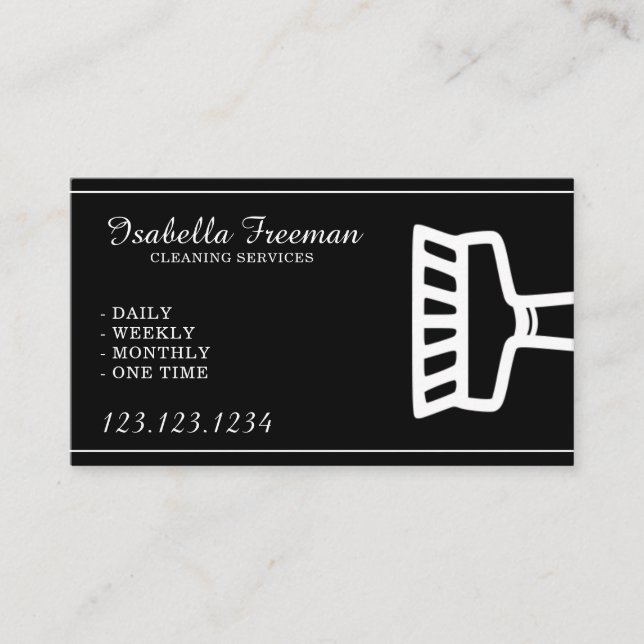 Simple White & Black Housekeeper Cleaning Service Business Card (Front)