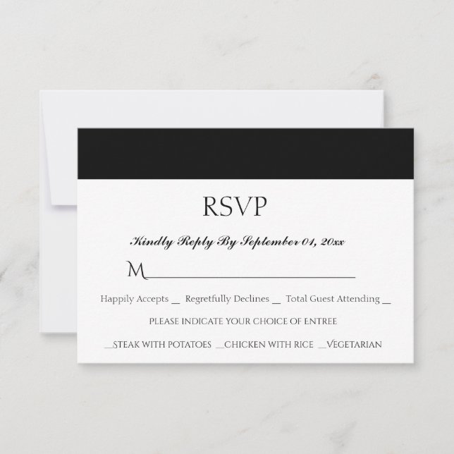 Simple White Black Wedding Meal Choice RSVP Card (Front)