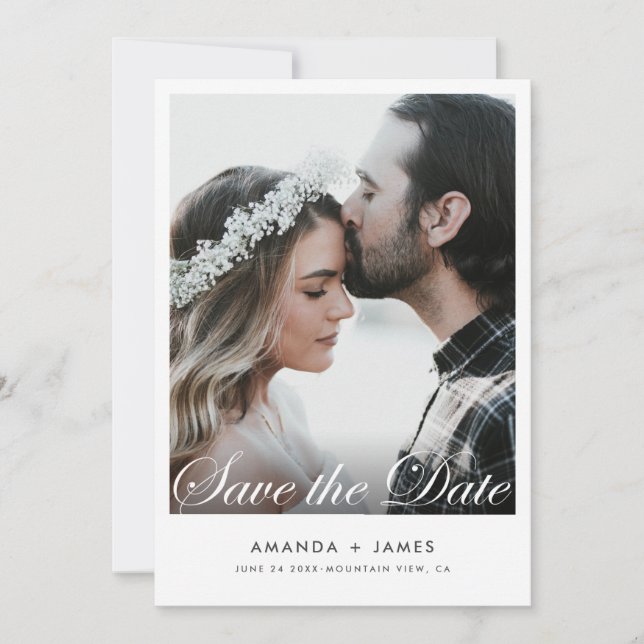 Simple White Border Elegant Script Photo Custom Save The Date (Front)