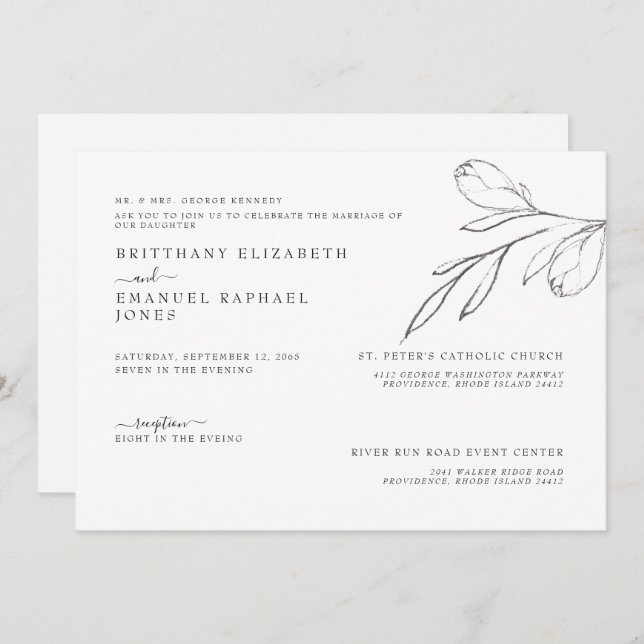 Simple White Bride Parents Hand-drawn Stem Wedding Invitation (Front/Back)