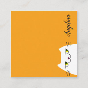 Simple White Cat Cartoon Funny Yellow Square Business Card
