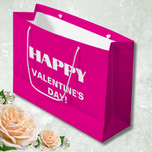 Simple White Clean Happy Valentines Day   Hot Pink Large Gift Bag