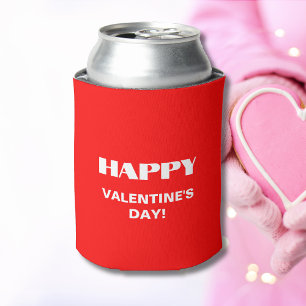 Simple White Clean Happy Valentines Day   Neon Red Can Cooler