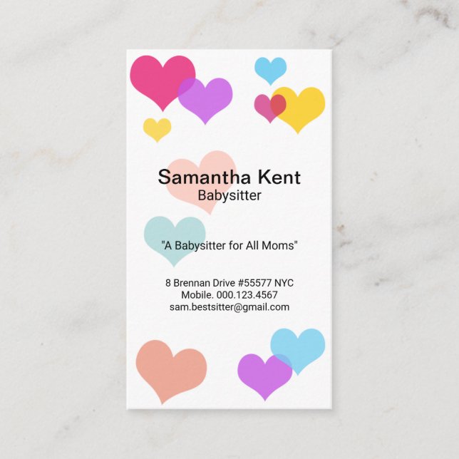 Simple White Colourful Floating Hearts Babysitting Business Card (Front)