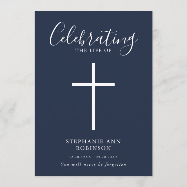 Simple White Cross Blue Memorial Order of Service Program (Front)